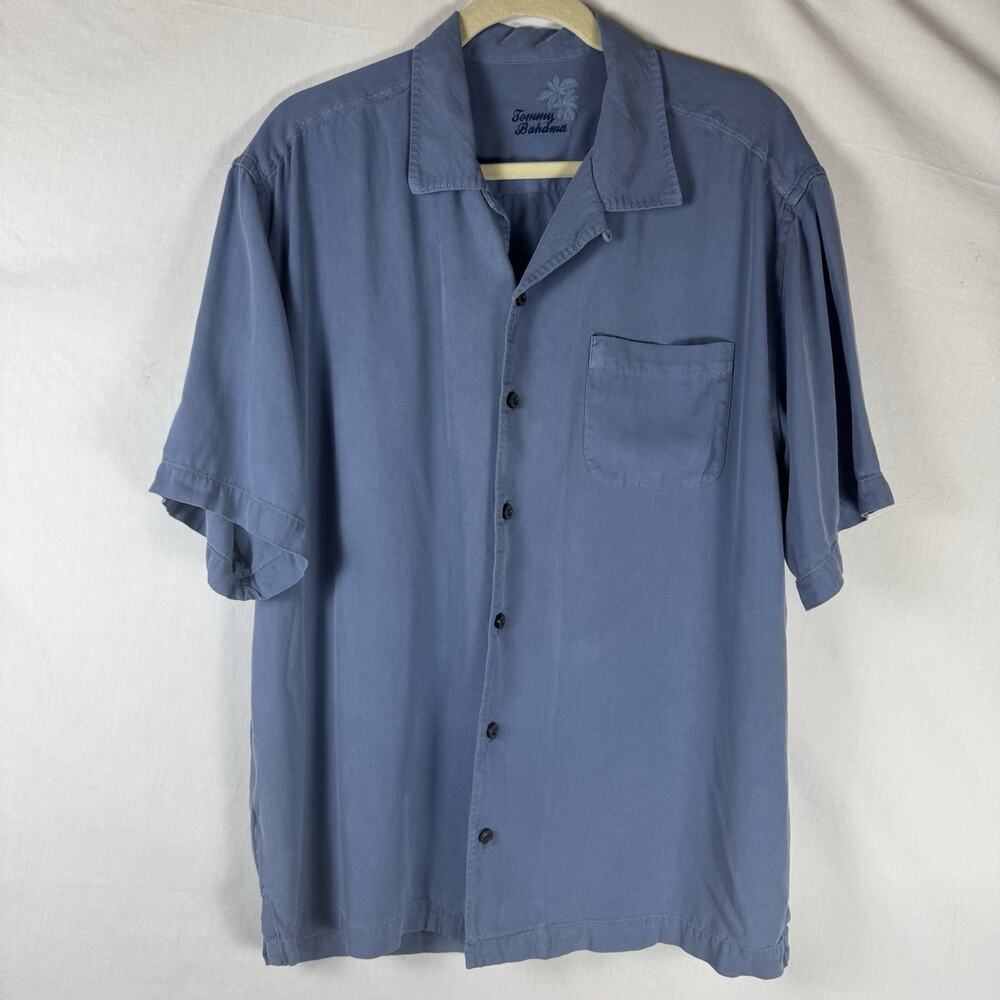 Tommy Bahama Men's 100% Silk Short-Sleeve Shirt Blue No Size Tag (Measurements)